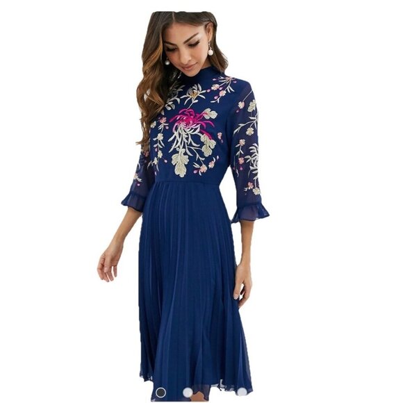 Asos Embroidered Pleated Mock Neck Dress Women 38 US - Picture 1 of 14
